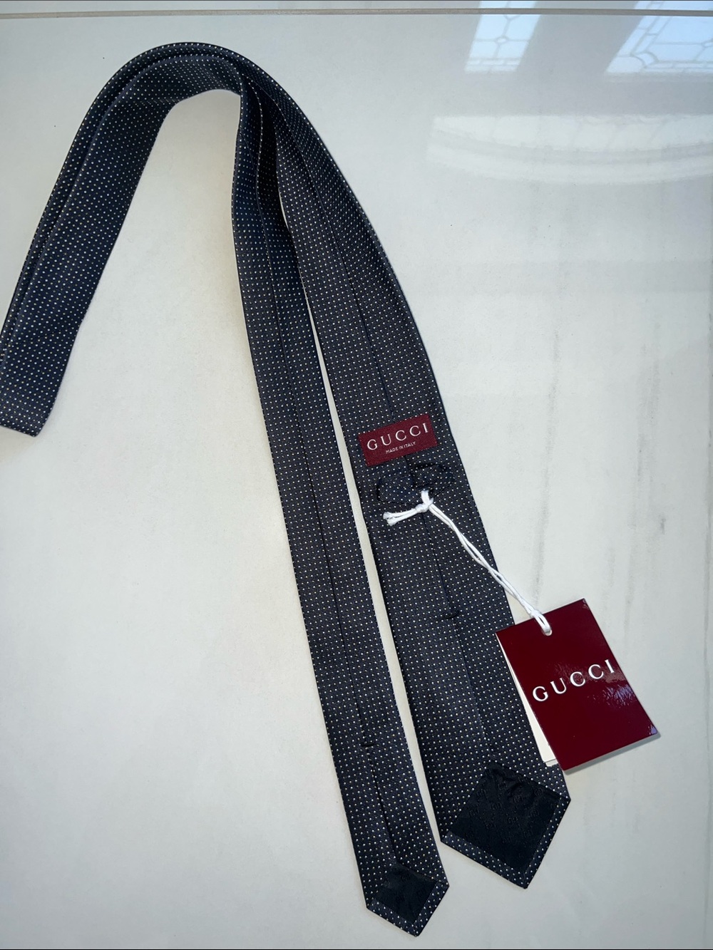 NWT Gucci Navy Silk Tie Gudots with Small White Microdots - Picture 3 of 5